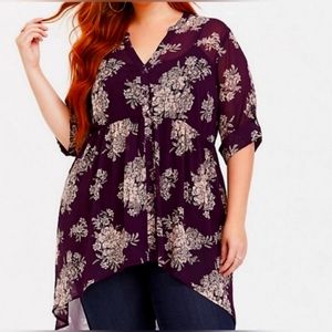 Torrid 1x Burgundy Floral Chiffon High/Low Tunic Top